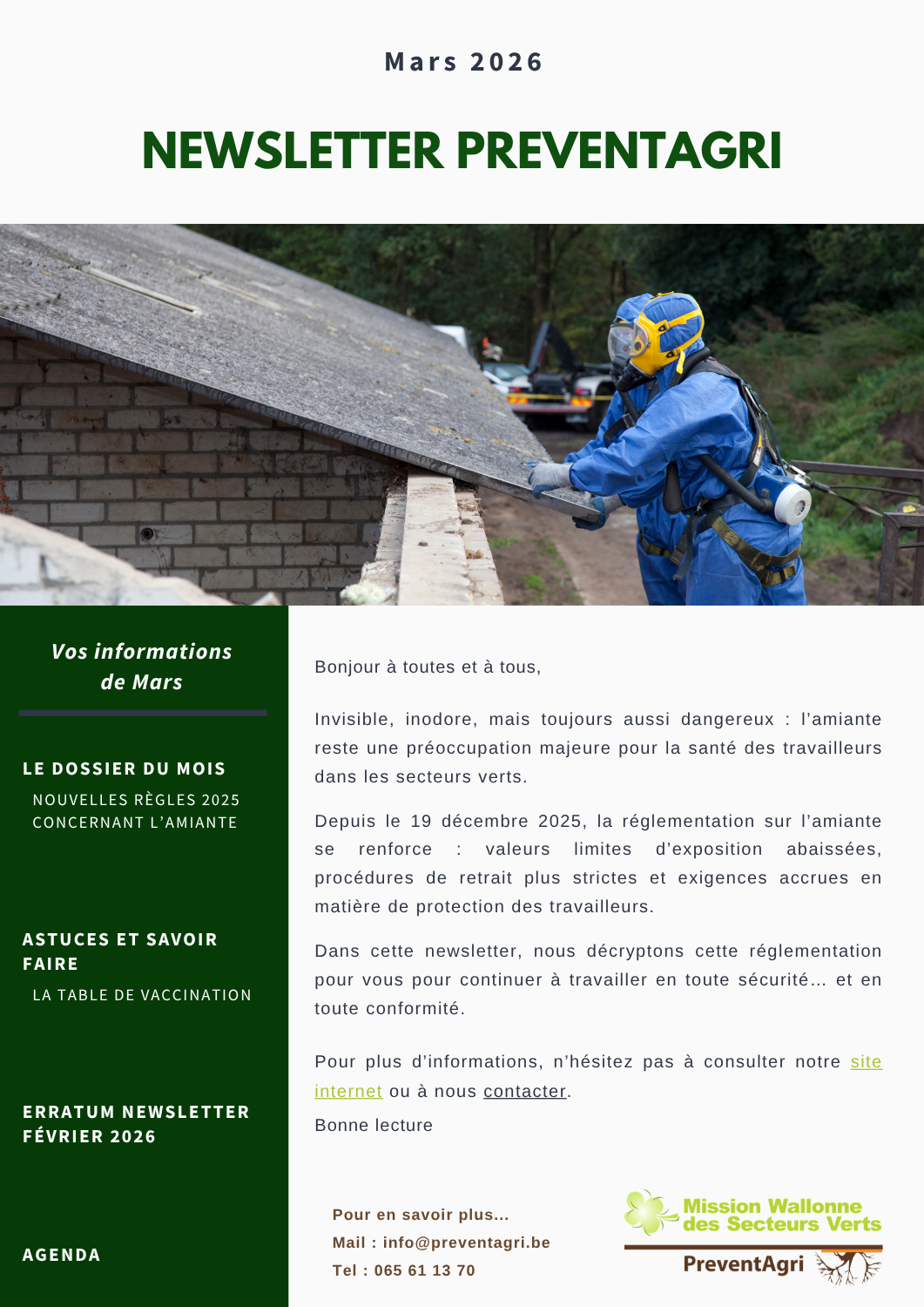 Newsletter PreventAgri de Mars 2026 : Nouvelles règles concernant l’amiante (PDF)