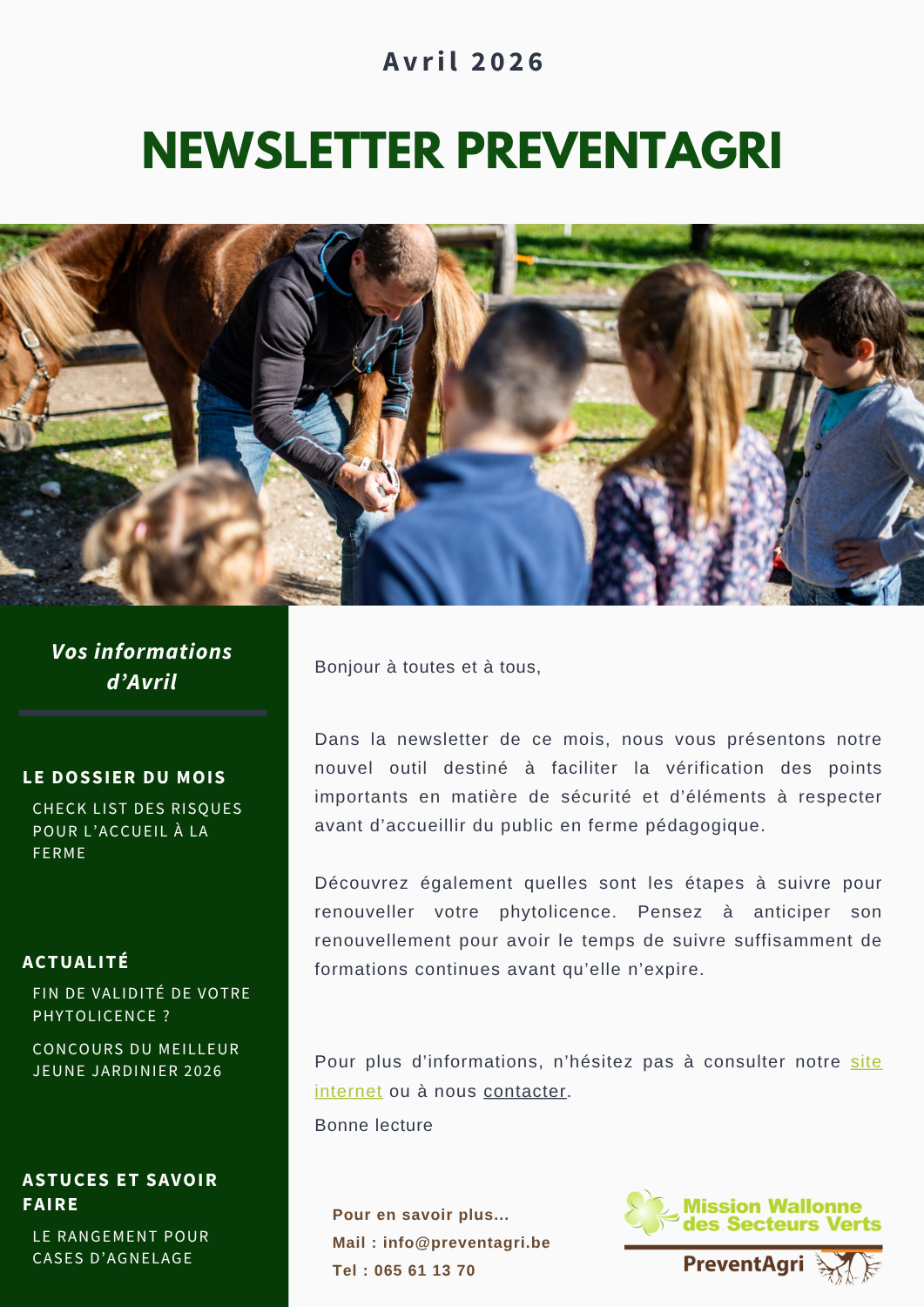 Newsletter PreventAgri de Avril 2026 : Check list des risques pour l’accueil à la ferme (PDF)