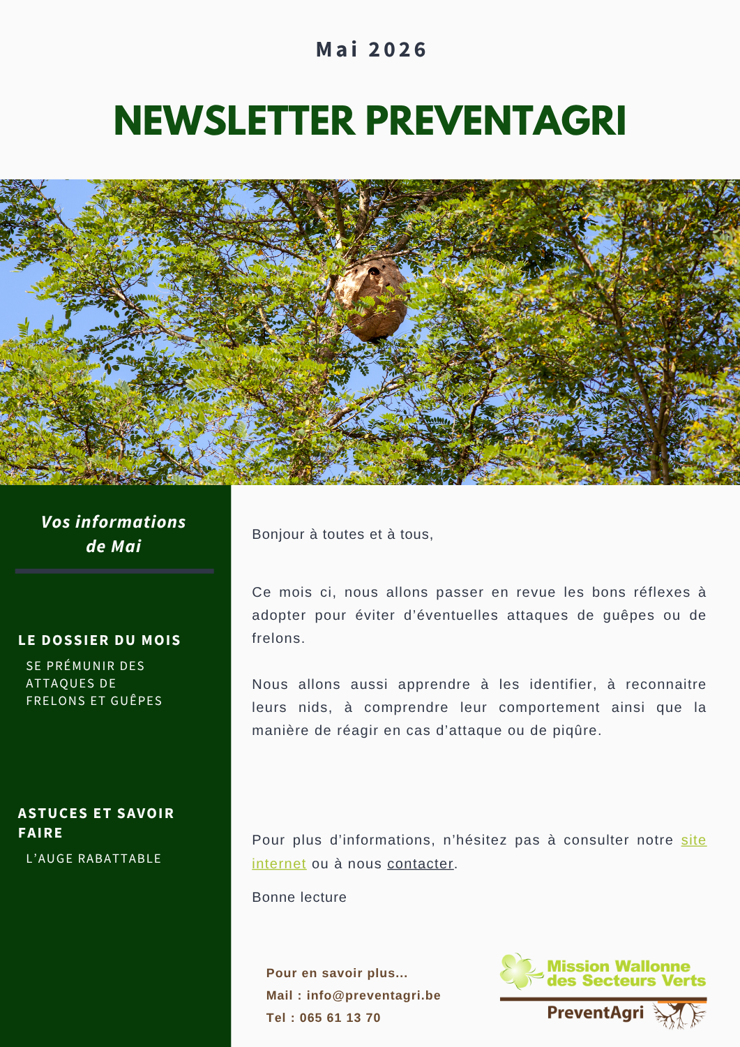 Newsletter PreventAgri de Mai 2026 : Se prémunir des attaques de frelons et de guêpes (PDF)