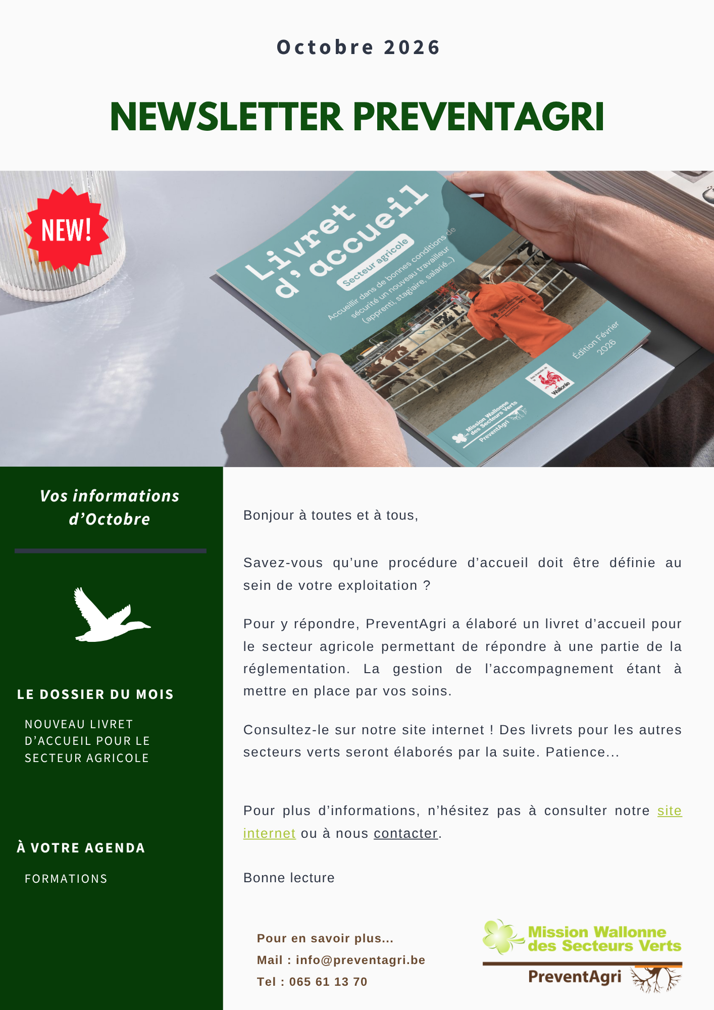 Newsletter PreventAgri de Octobre 2026 : Nouveau livret d’accueil pour le secteur agricole (PDF)